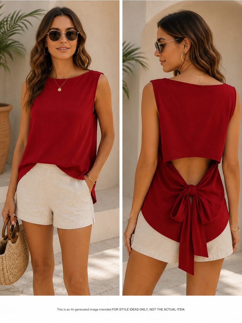 Cider Maroon Sleeveless Tie Back Blouse Medium Linen Blend Like New - Picture 2 of 7